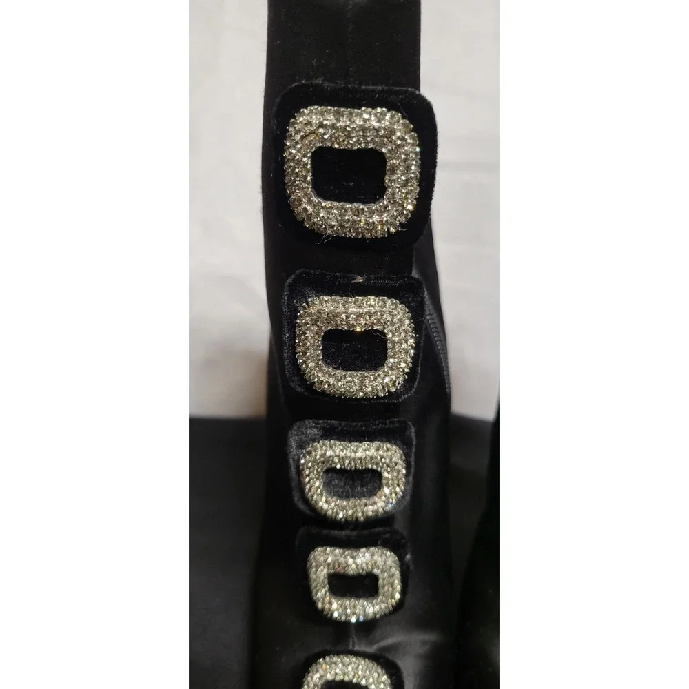 Black Satin Manolo Blahnik Suwalki Ankle Boots With Jeweled Buckles Size 39